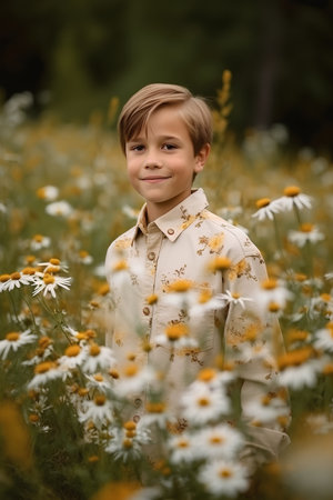 Portrait of a little boy in a field with daisiesの素材