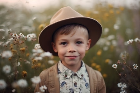Portrait of a cute little boy in a hat in the fieldの素材
