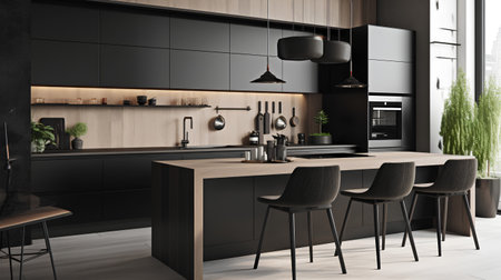 Modern black kitchen interior with wooden walls, tiled floor, black countertops and wooden bar with stools. 3d renderingの素材