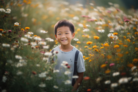 Happy asian boy in the field of daisies flowers.の素材