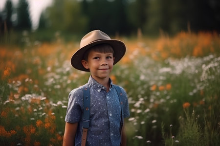 Little boy in a cowboy hat on the field of wildflowersの素材