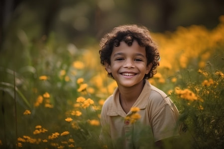 Close up portrait of a smiling boy in a yellow flower meadowの素材