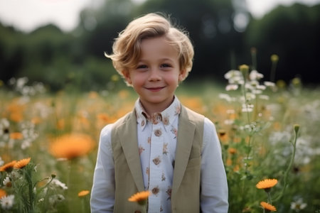 Portrait of a little boy in a field of daisiesの素材