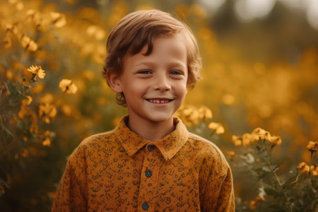 Portrait of a smiling little boy in a yellow shirt on a background of yellow flowersの素材