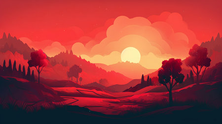 Fantasy landscape with forest and mountains. Sunset. Vector illustration.の素材