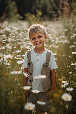 Cute little boy in a field of daisies. Portrait.の素材