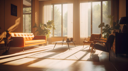 Living room with orange sofa and coffee table. 3d rendering.の素材