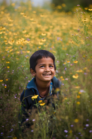Cute indian little boy in the field of daisiesの素材