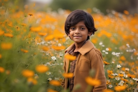 Cute indian little boy in a flower meadow at sunsetの素材