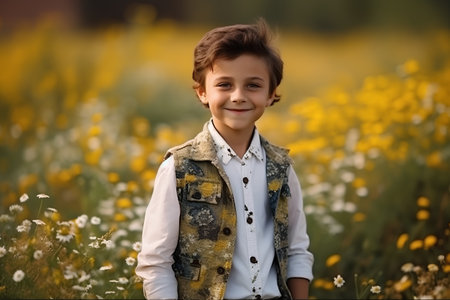 Portrait of a cute little boy standing in a field of daisiesの素材