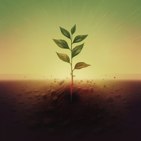 Green sprout growing from soil on sunset background. New life conceptの素材