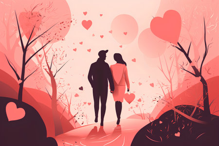 Couple in love, man and woman walking in the forest. Valentine's day card. Vector illustrationの素材