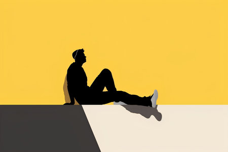 Man sitting on the floor in front of yellow background. Vector illustrationの素材