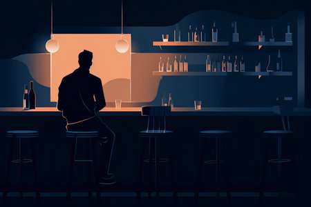Vector illustration of a bar interior with a silhouette of a man.の素材