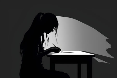 Silhouette of a girl sitting at a table reading a bookの素材