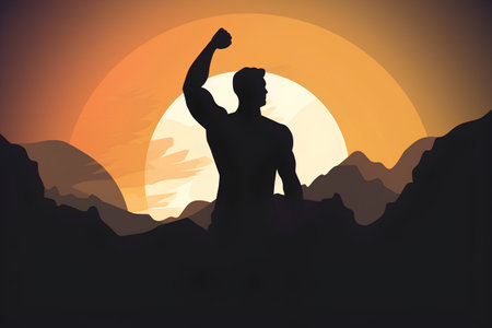 Silhouette of a strong man raising his hand in the mountains.の素材