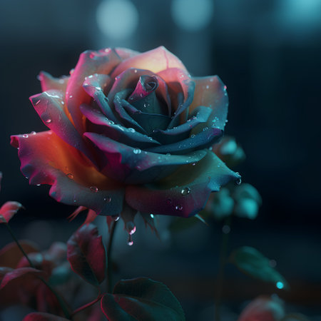 Beautiful rose with dew drops on a dark background. Toned.の素材