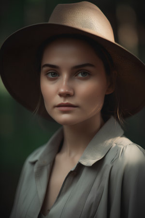Portrait of a beautiful young woman in a hat in the forestの素材