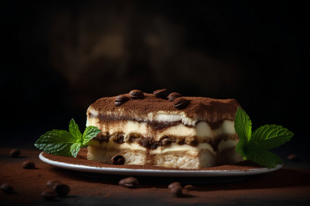Classic tiramisu dessert on ceramic plate on dark rustic backgroundの素材