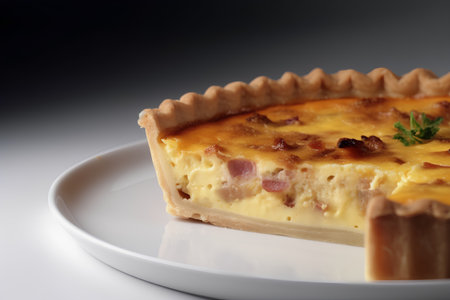 Tart with ham and cheese on a white plate on a dark backgroundの素材
