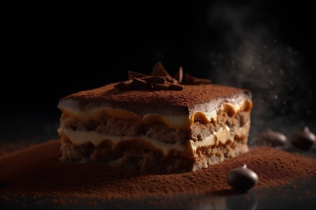 Delicious tiramisu cake with cocoa powder on dark background.の素材