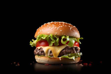 Cheeseburger with beef patty, lettuce, tomato and cheese on black backgroundの素材