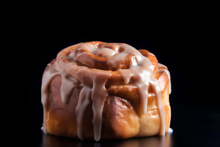 Cinnamon bun with glaze on a black background. Selective focus.の素材
