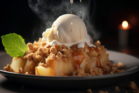 Apple pie with ice cream and caramel sauce on a dark background.の素材