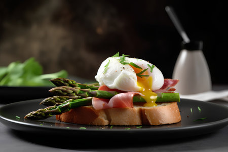 Poached egg with asparagus and prosciutto on toastの素材