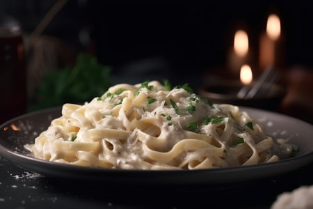 Spaghetti carbonara with cream sauce and parsley, selective focusの素材