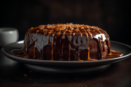 Chocolate bundt cake with caramel glaze on a dark backgroundの素材