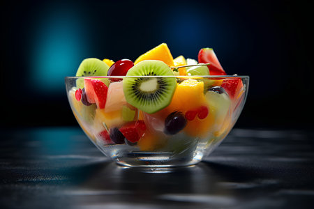 Fruit salad in a glass bowl on a dark background. Selective focus.の素材