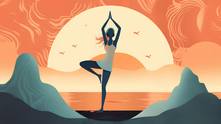 Beautiful young woman practicing yoga on the beach. Vector illustration.の素材