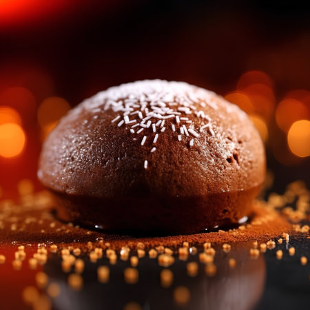chocolate cake on a black background with bokeh lights and reflectionの素材