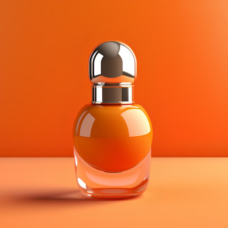 Perfume bottle on orange background. 3d render illustration.の素材
