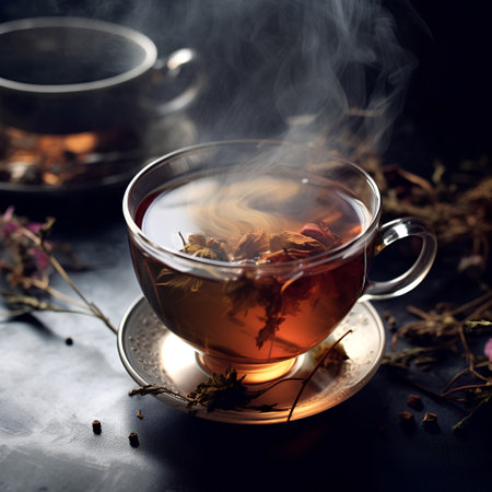 Cup of tea on a black background. Herbal tea.の素材
