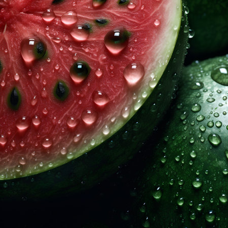 Fresh watermelon with water drops on dark background. Close up.の素材