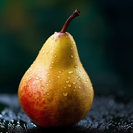 Ripe pears on a dark background with drops of dewの素材
