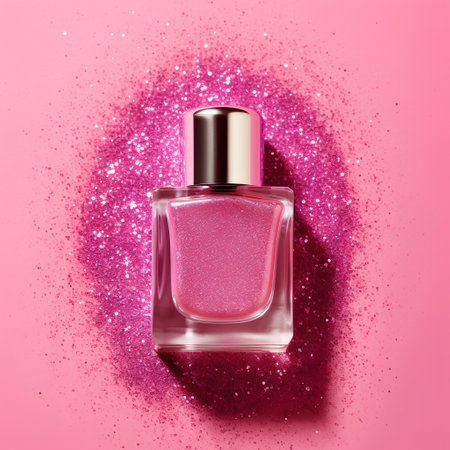 Pink nail polish bottle on pink glitter sparkles background. Top viewの素材