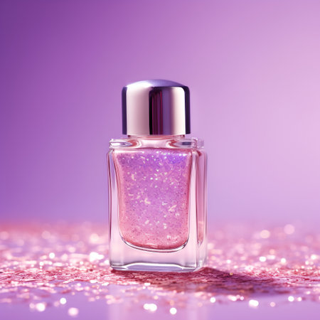 Nail polish bottle on purple background with sparkles, closeupの素材