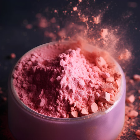 Pink powder for makeup on a dark background. Selective focus.の素材