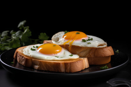 Sandwich with fried eggs and parsley on a black background.の素材