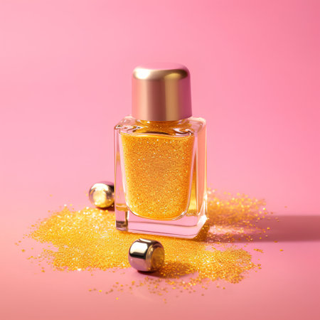 Bottle of golden nail polish on pink background, 3d renderの素材