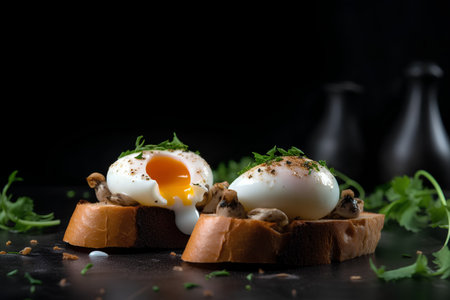 Sandwich with poached egg and mushrooms on a black background.の素材