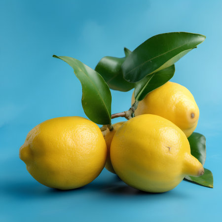 Lemons with leaves on a blue background. Copy space.の素材