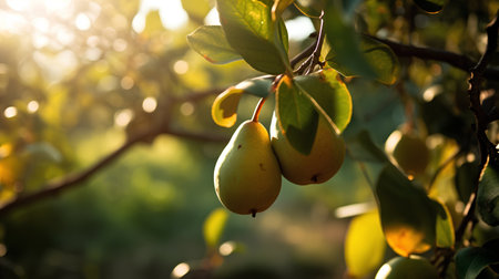 Ripe pears on a branch in the garden at sunset.の素材