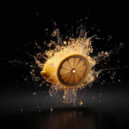 Lemon with water splash isolated on black background. 3d illustrationの素材