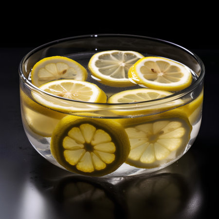Lemonade with lemon slices in a glass on a black backgroundの素材