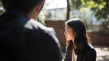 Young asian businesswoman talking to her colleague in the street.の素材