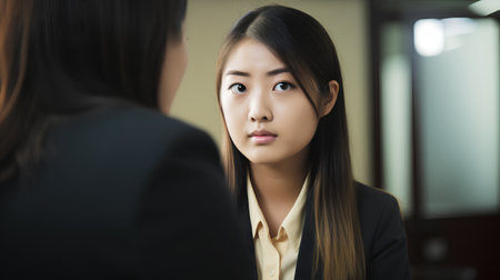 Young Asian businesswoman talking to her colleague in the office room.の素材